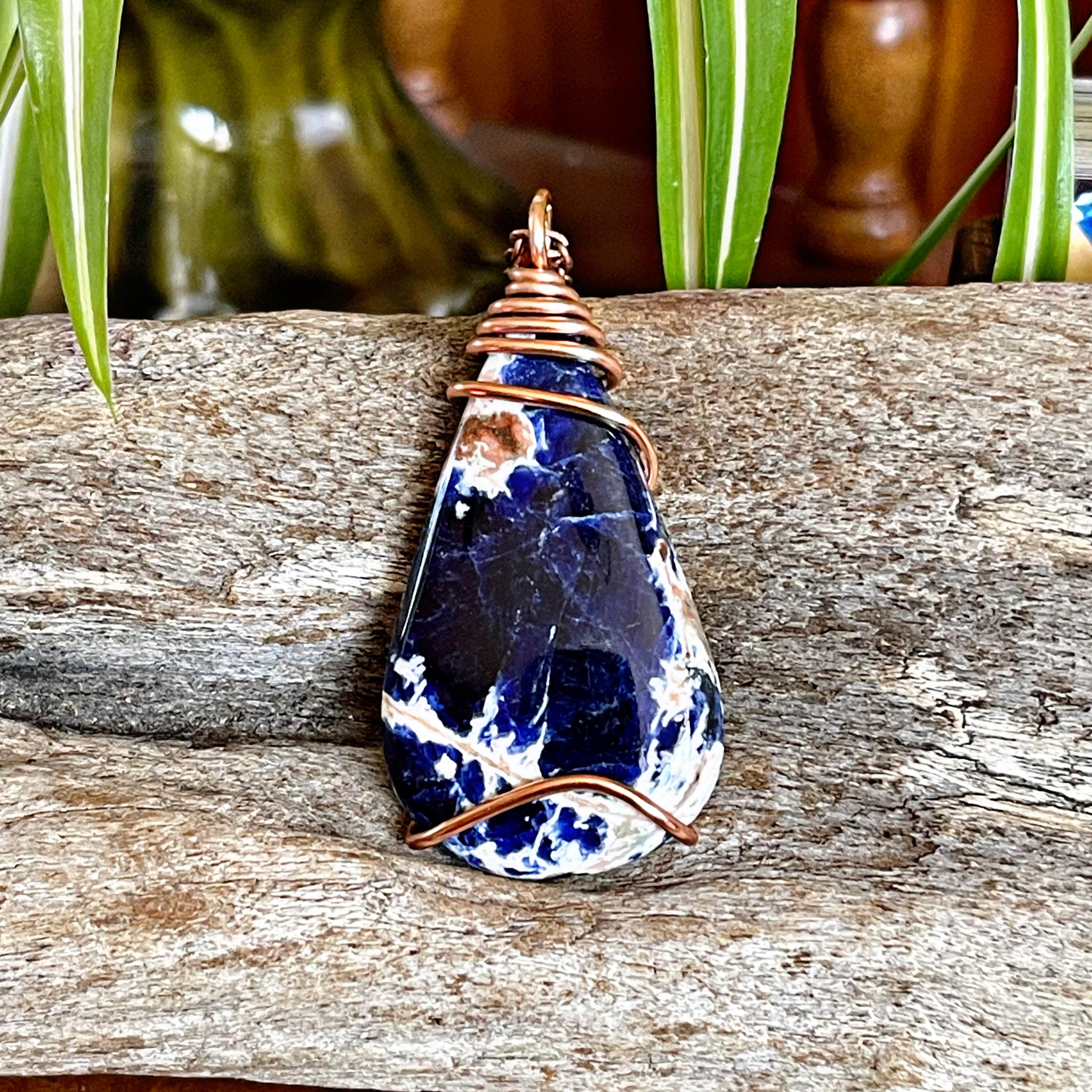 Sodalite Necklace In Copper, Wire Wrapped Stone Jewelry