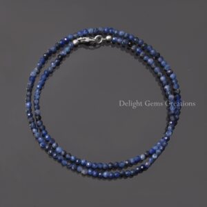 Natural Sodalite Faceted Round Beads Necklace, 3mm Sodalite Round Bead Necklace, Sodalite Jewelry, Blue Minimalist Layering Silver Necklace