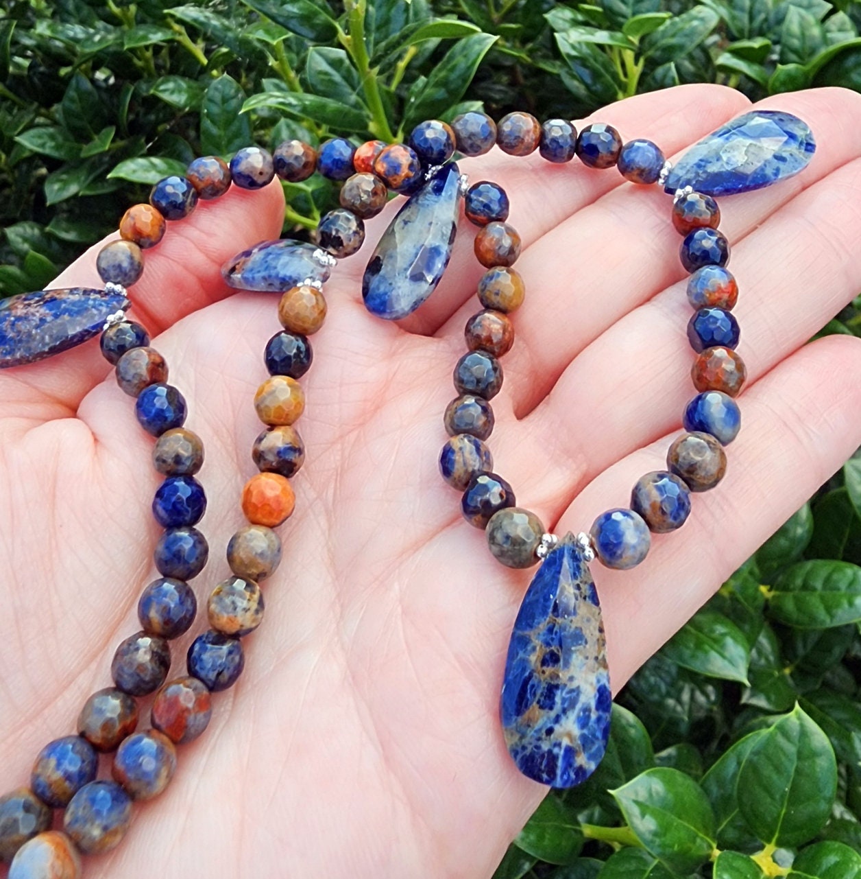 Orange Sodalite Gemstone Choker Necklace Sterling Silver, Teardrop Gemstone 16 Inch Necklace, Blue And Orange Necklace, Handmade Necklace