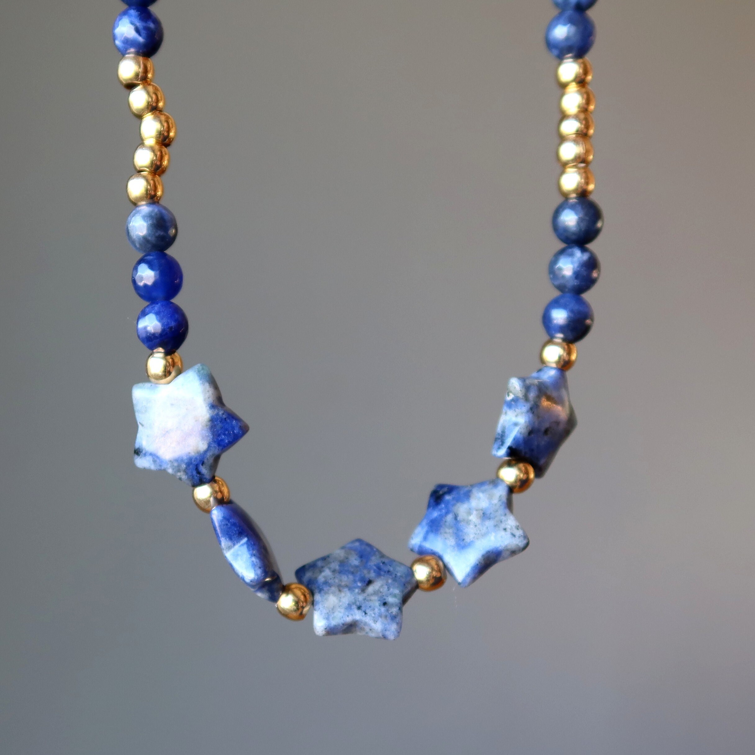 Sodalite Necklace Stars Spirituality Blue Gold Gemstones