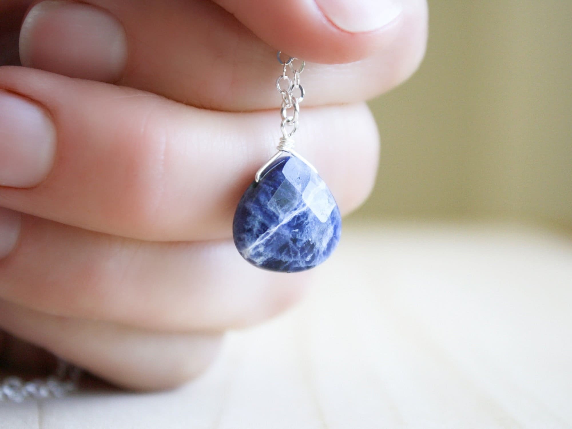 Teardrop Sodalite Necklace: Natural Blue Gemstone, Sterling Silver Chain