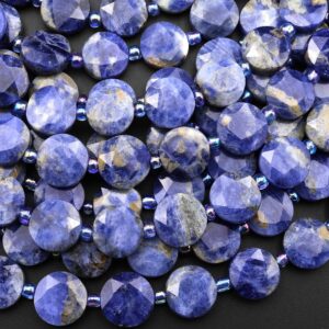 Faceted Natural Denim Blue Sodalite 9mm 10mm Coin Beads Gemstone 15.5" Strand Faceted Natural Denim Blue Sodalite 9mm 10mm Coin Beads Gemstone 15.5" Strand