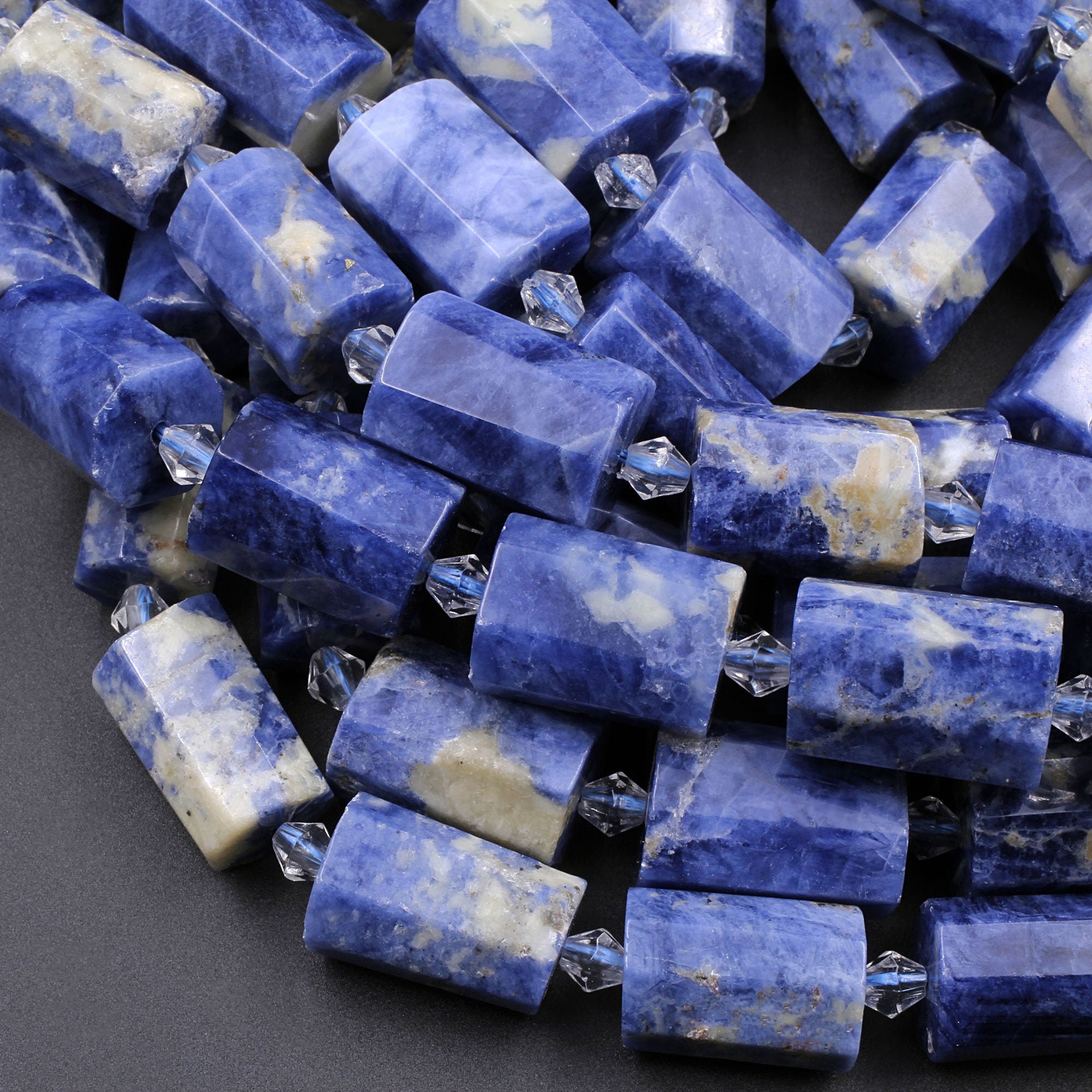 Large Faceted Natural Denim Sodalite Tube Beads Cylinder 15.5" Strand