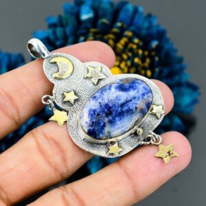 Antique Sodalite Moon Star Pendant: 925 Sterling Silver Gemstone Jewelry Antique Sodalite Moon Star Pendant: 925 Sterling Silver Gemstone Jewelry