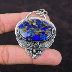 Handmade Copper Sodalite Pendant: 925 Sterling Silver Flower Jewelry Handmade Copper Sodalite Pendant: 925 Sterling Silver Flower Jewelry