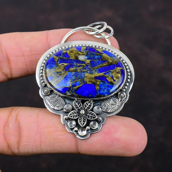 Handmade Copper Sodalite Pendant: 925 Sterling Silver Flower Jewelry Handmade Copper Sodalite Pendant: 925 Sterling Silver Flower Jewelry