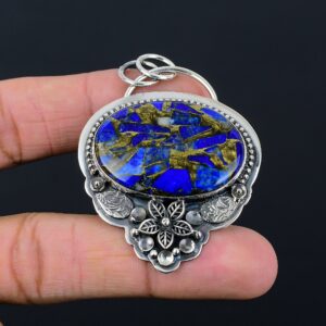Handmade Copper Sodalite Pendant: Sterling Silver Flower Jewelry Handmade Copper Sodalite Pendant: Sterling Silver Flower Jewelry