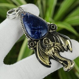 Handmade Sodalite Devil Pendant: 925 Sterling Silver, 18K Gold Plated Handmade Sodalite Devil Pendant: 925 Sterling Silver, 18K Gold Plated