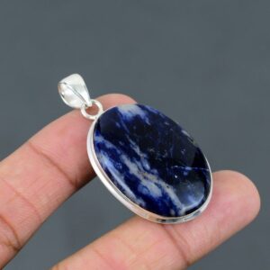 Handmade Sodalite Pendant: Oval Gemstone, 925 Sterling Silver Handmade Sodalite Pendant: Oval Gemstone, 925 Sterling Silver