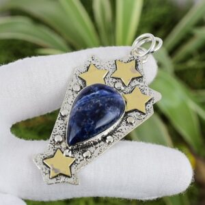 Handmade Pear Sodalite Pendant: 925 Sterling Silver, 18K Gold Plated Handmade Pear Sodalite Pendant: 925 Sterling Silver, 18K Gold Plated