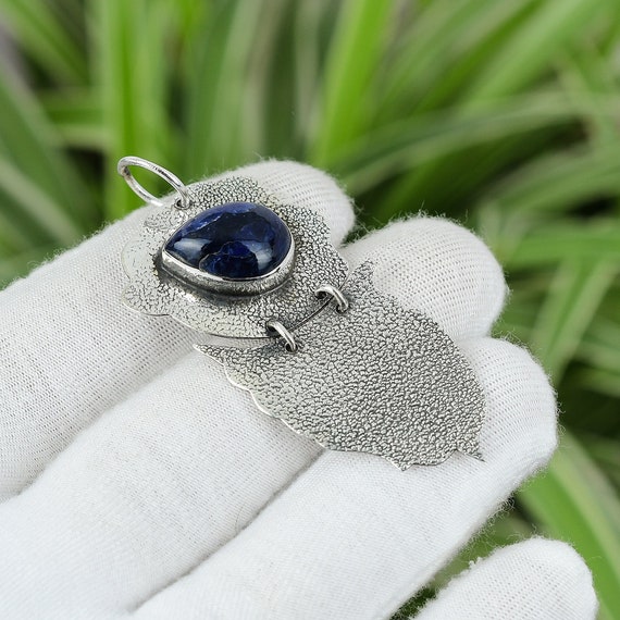 Handmade Sodalite Pear Pendant: Oxidized 925 Sterling Silver Boho Jewelry Handmade Sodalite Pear Pendant: Oxidized 925 Sterling Silver Boho Jewelry
