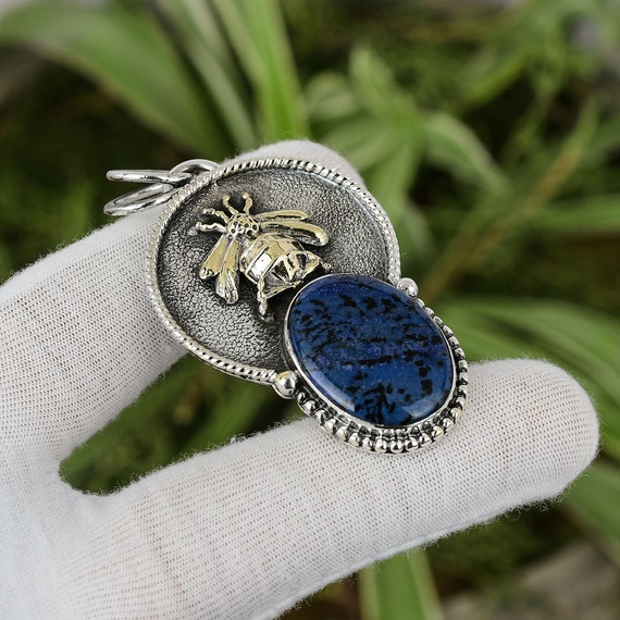 Handmade Sodalite Pendant: Sterling Silver, 18k Gold Bee Jewelry Handmade Sodalite Pendant: Sterling Silver, 18k Gold Bee Jewelry