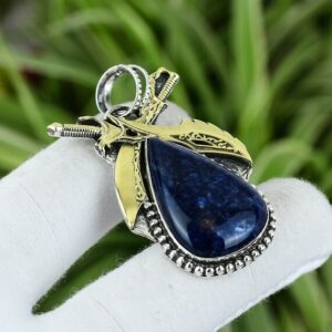 Handmade Sodalite Sword Pendant: 925 Sterling Silver, 18K Gold Plated Handmade Sodalite Sword Pendant: 925 Sterling Silver, 18K Gold Plated