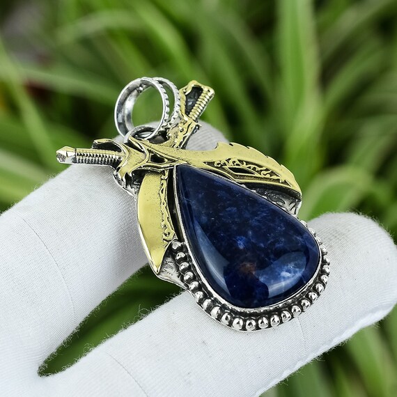 Handmade Sodalite Sword Pendant: 925 Sterling Silver, 18k Gold Plated Handmade Sodalite Sword Pendant: 925 Sterling Silver, 18k Gold Plated
