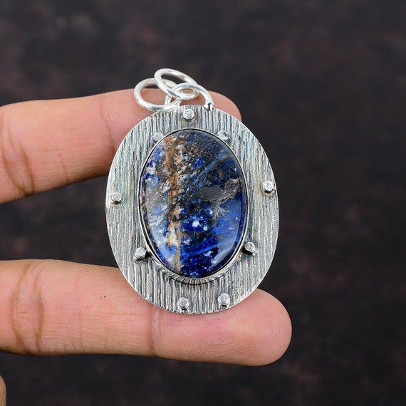 Sodalite Pendant: Oval Gemstone, 925 Sterling Silver, Handmade