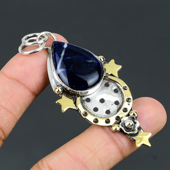 Sodalite Pear Pendant: 925 Sterling Silver, 18k Gold Plated