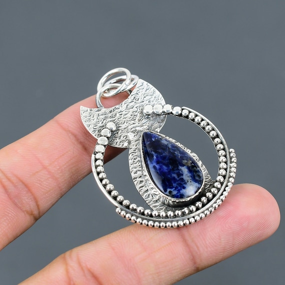Sodalite Pear Pendant: Handmade 925 Sterling Silver Boho Jewelry Sodalite Pear Pendant: Handmade 925 Sterling Silver Boho Jewelry