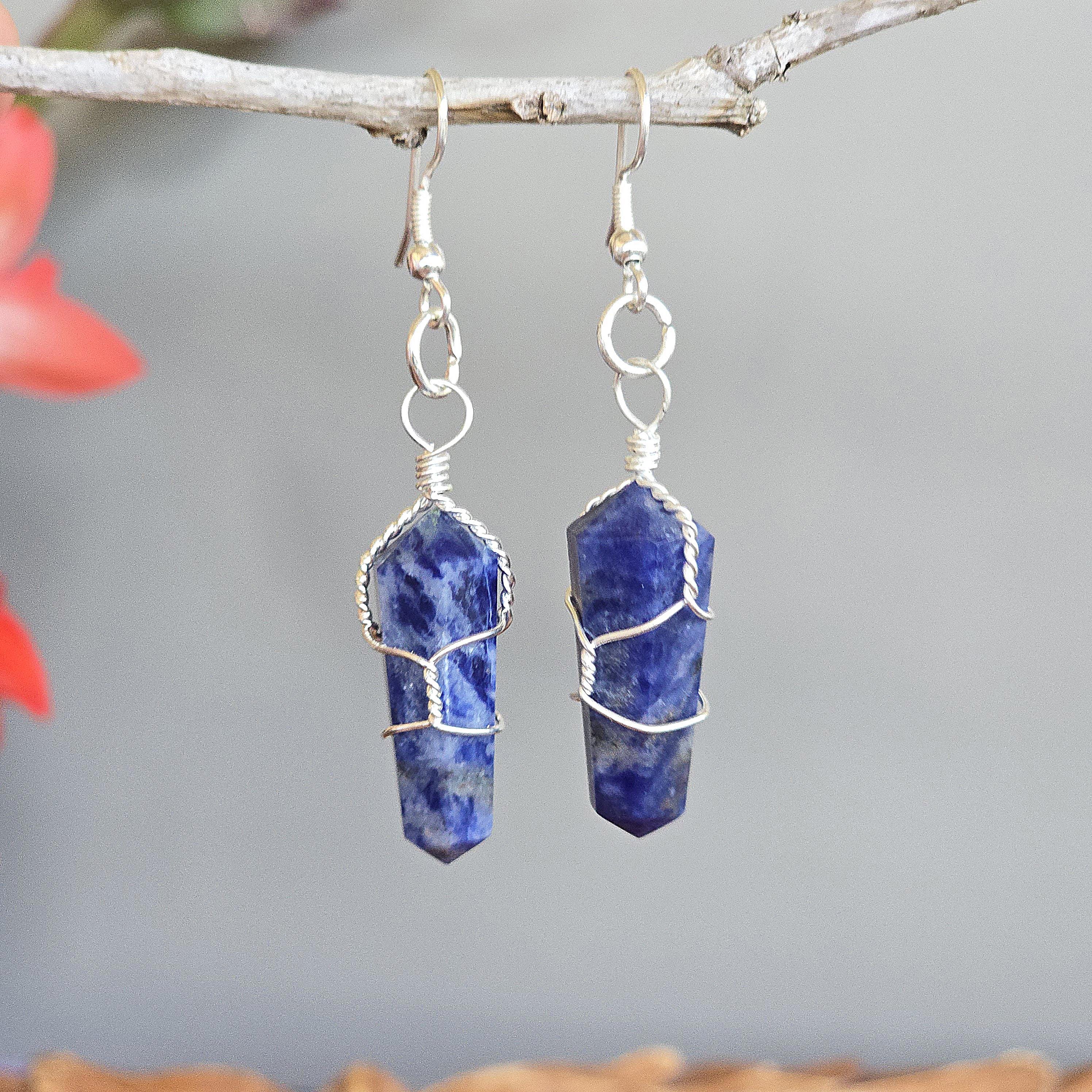 Sodalite Dangle Earrings - Wire Wrapped Gemstone Point Sodalite Dangle Earrings - Wire Wrapped Gemstone Point