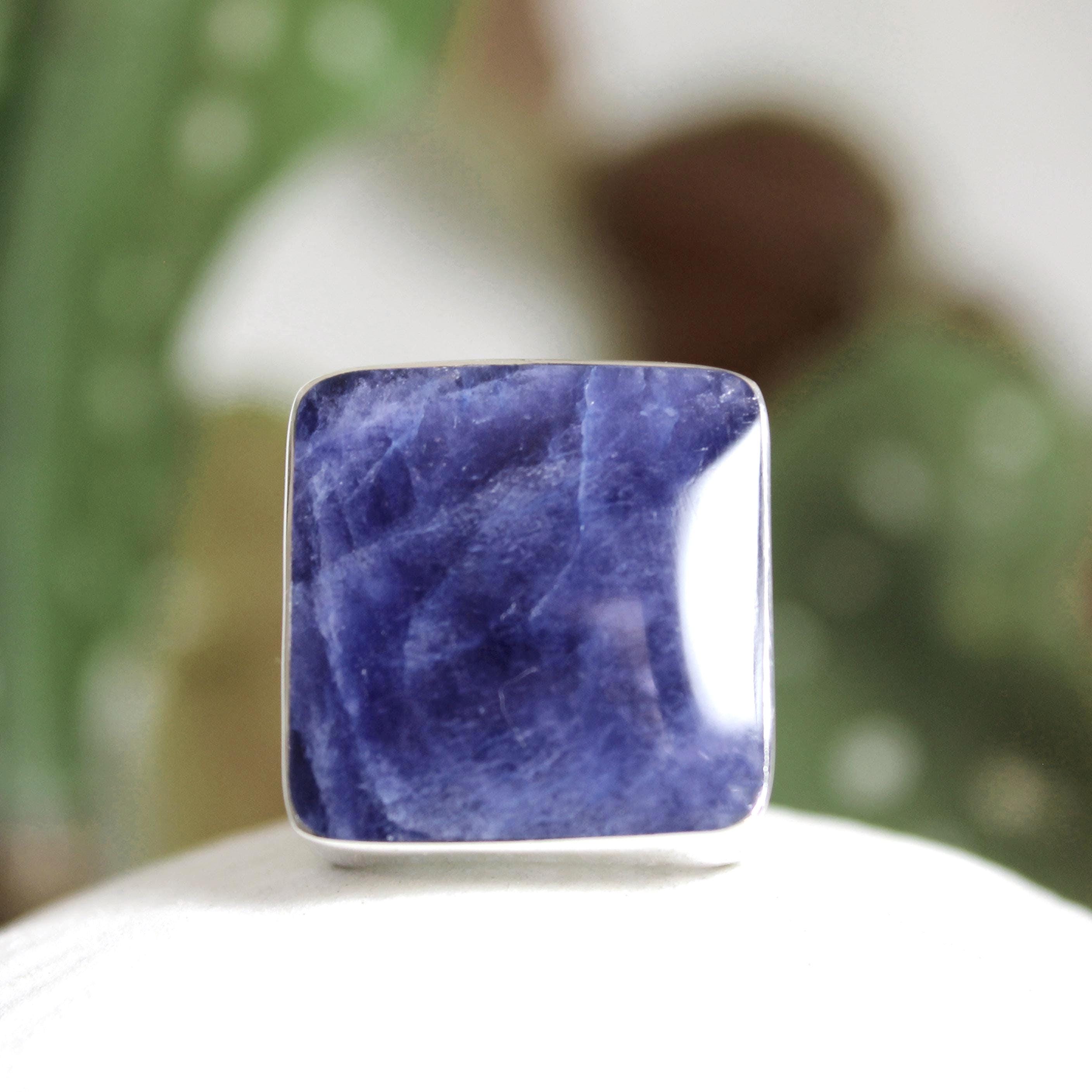 950 Silver Sodalite Ring, Square Stone, Unisex Size 8-8.5