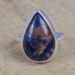 Blue Sodalite Pear Ring: Handmade 925 Sterling Silver, US Size 10