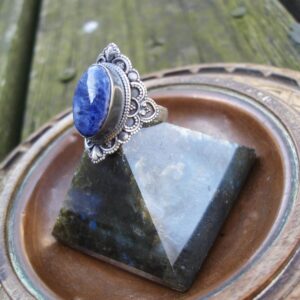 Blue Sodalite Ring Size 7 3/4, Oxidized 925 Sterling Silver Jewelry