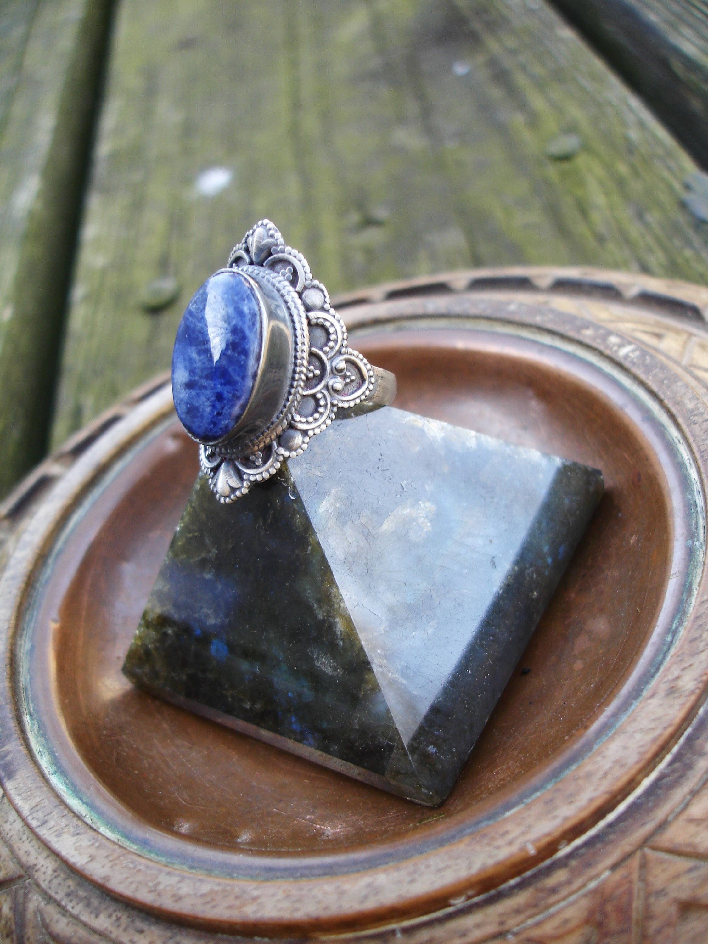 Blue Sodalite Ring Size 7 3/4, Oxidized 925 Sterling Silver Jewelry