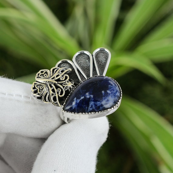 Sodalite Butterfly Ring: Handmade 925 Sterling Silver Adjustable Band Sodalite Butterfly Ring: Handmade 925 Sterling Silver Adjustable Band