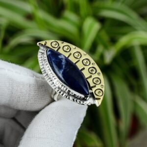 Handmade Sodalite Ring: 925 Sterling Silver, 18K Gold Plated, Adjustable