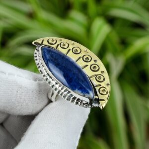 Handmade Marquise Sodalite Ring: 18K Gold Plated Sterling Silver Adjustable Band