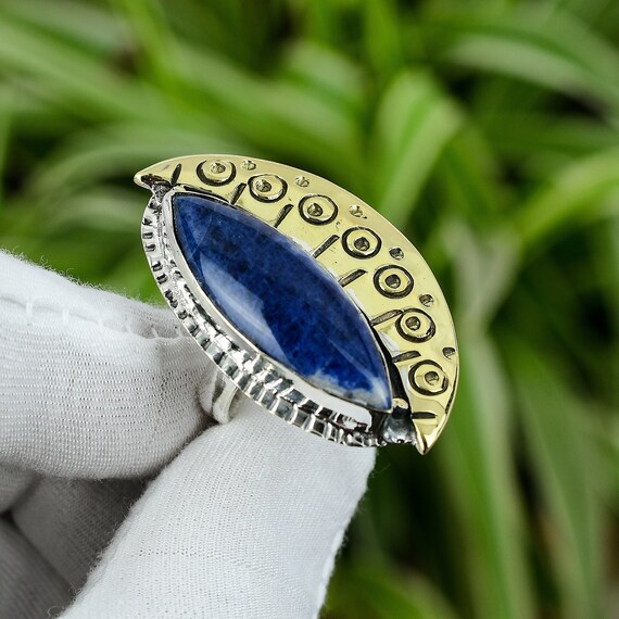 Handmade Marquise Sodalite Ring: 18k Gold Plated Sterling Silver Adjustable Band
