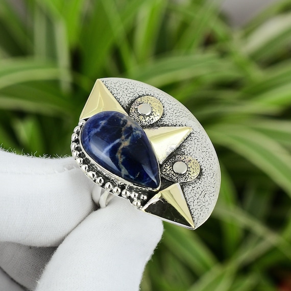 Handmade Pear Sodalite Ring: 18k Gold Plated 925 Sterling Silver, Adjustable Handmade Pear Sodalite Ring: 18k Gold Plated 925 Sterling Silver, Adjustable