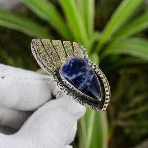 Handmade Pear Sodalite Ring: 925 Sterling Silver, 18K Gold Plated, Adjustable