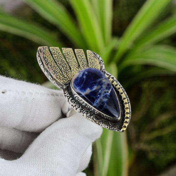 Handmade Pear Sodalite Ring: 925 Sterling Silver, 18k Gold Plated, Adjustable Handmade Pear Sodalite Ring: 925 Sterling Silver, 18k Gold Plated, Adjustable