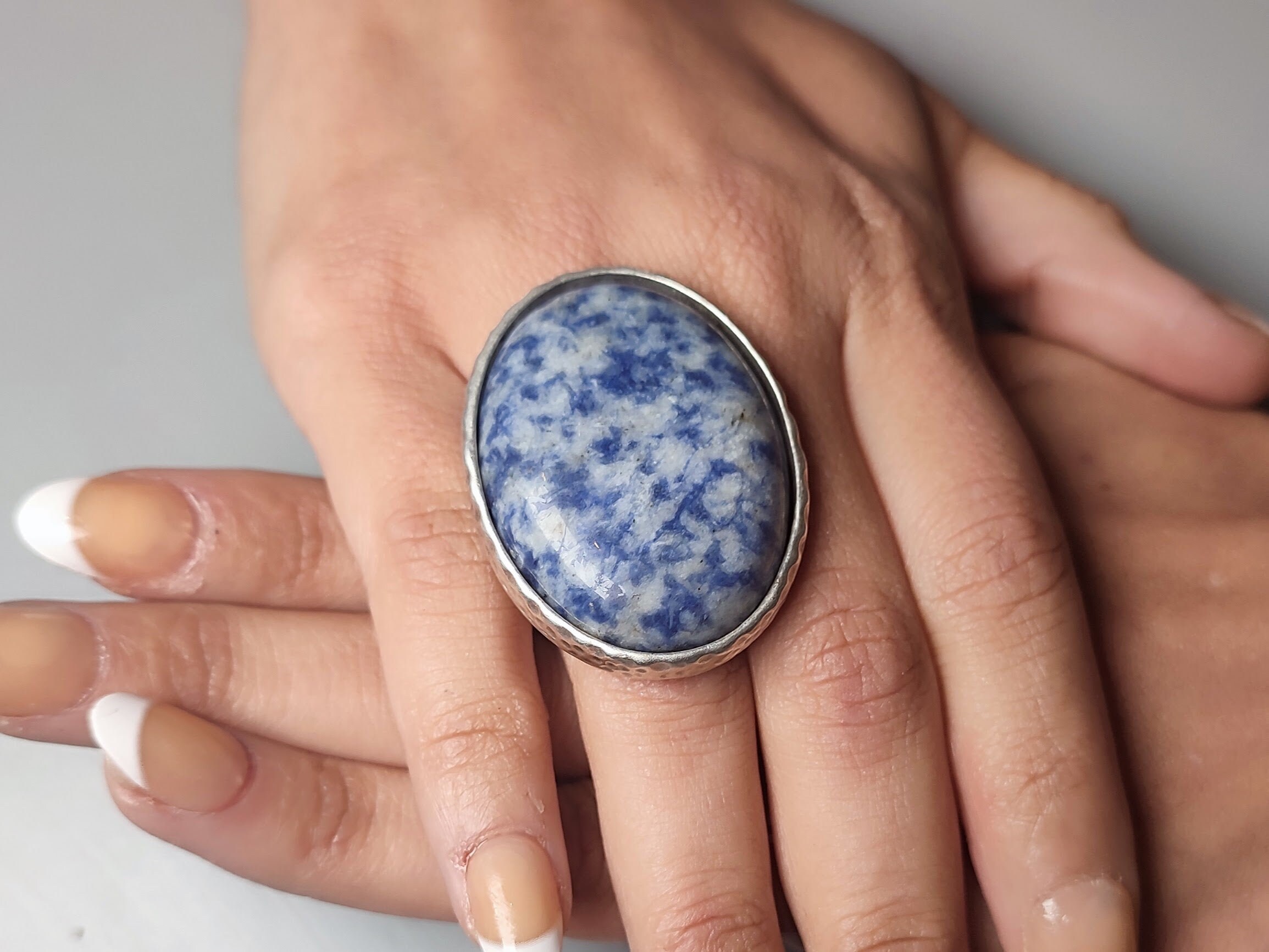 Handmade Sodalite Statement Ring: Adjustable Wide Band