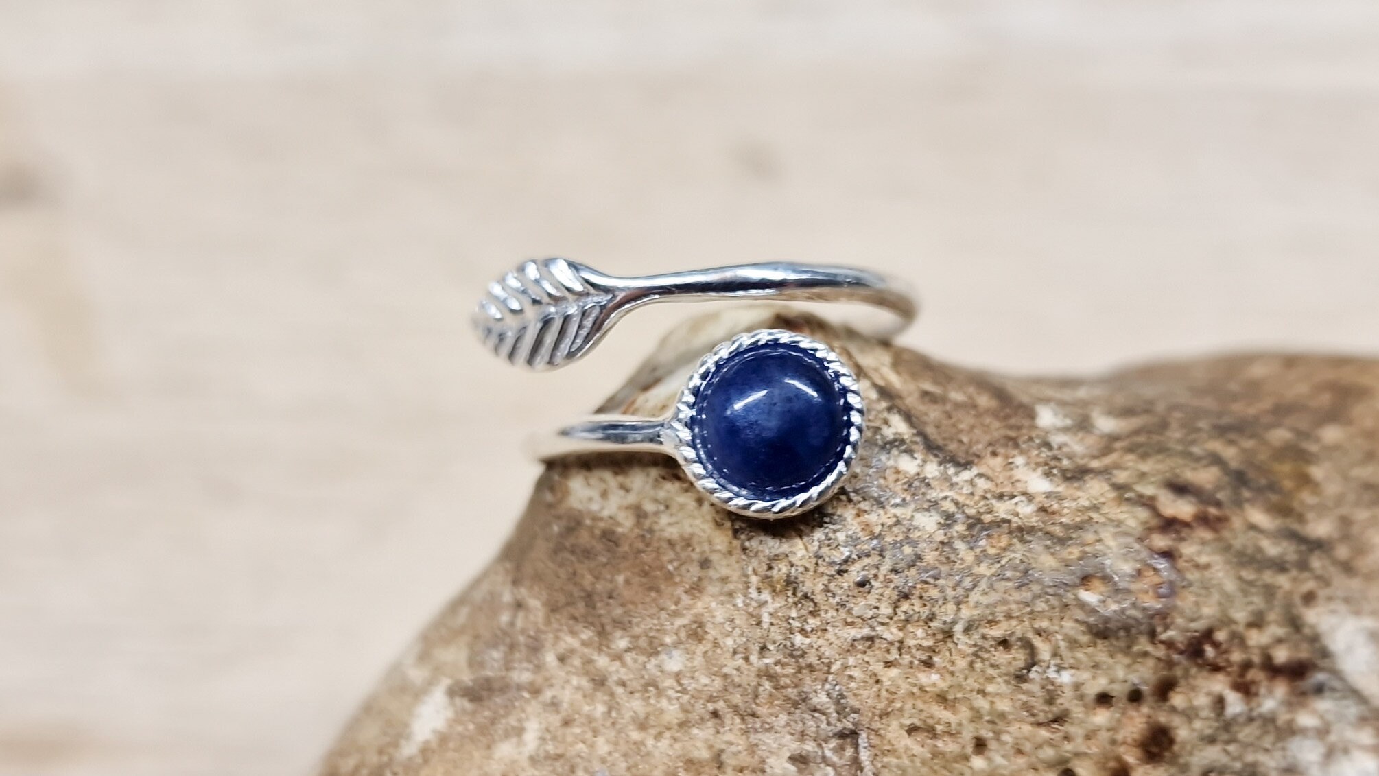 Sodalite Leaf Ring. Size N 925 Sterling Silver.  Reiki Jewelry Uk. Boho Chic Women's Ring. 6mm Blue Semi Precious Stone Ring