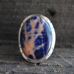 Oval Sodalite 925 Silver Ring, Blue & Orange Gemstone