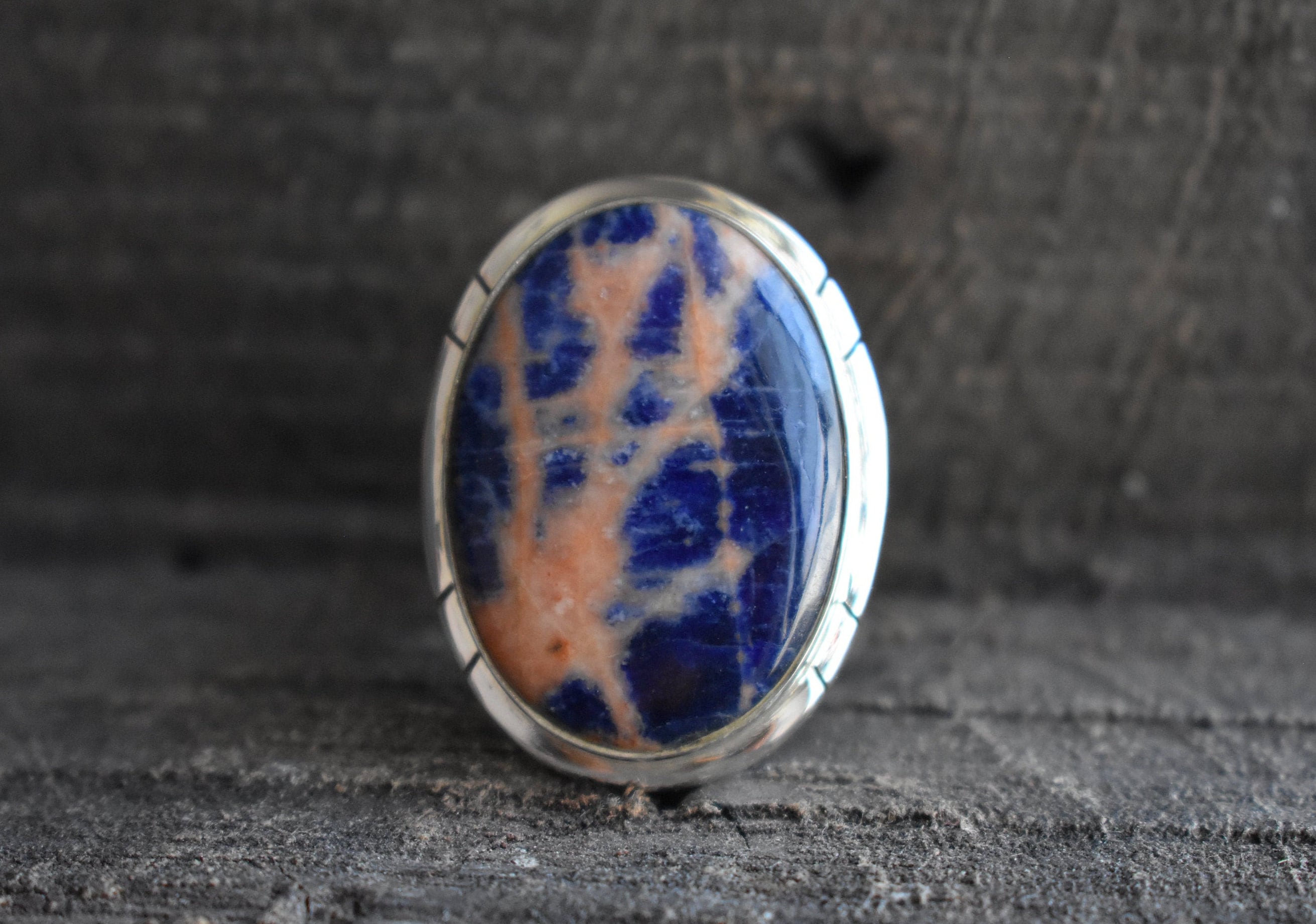 Oval Sodalite 925 Silver Ring, Blue & Orange Gemstone Oval Sodalite 925 Silver Ring, Blue & Orange Gemstone