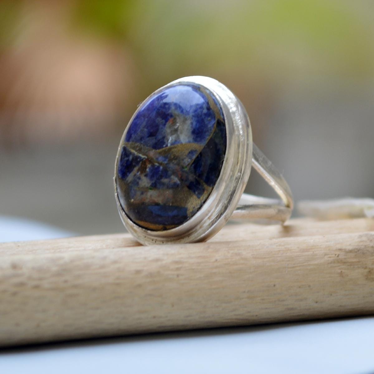 Oval Blue Sodalite Ring: Sterling Silver Split Band Statement Ring