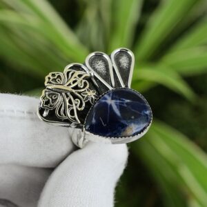 Sodalite Pear Ring: 925 Sterling Silver, 18K Gold Butterfly, Adjustable