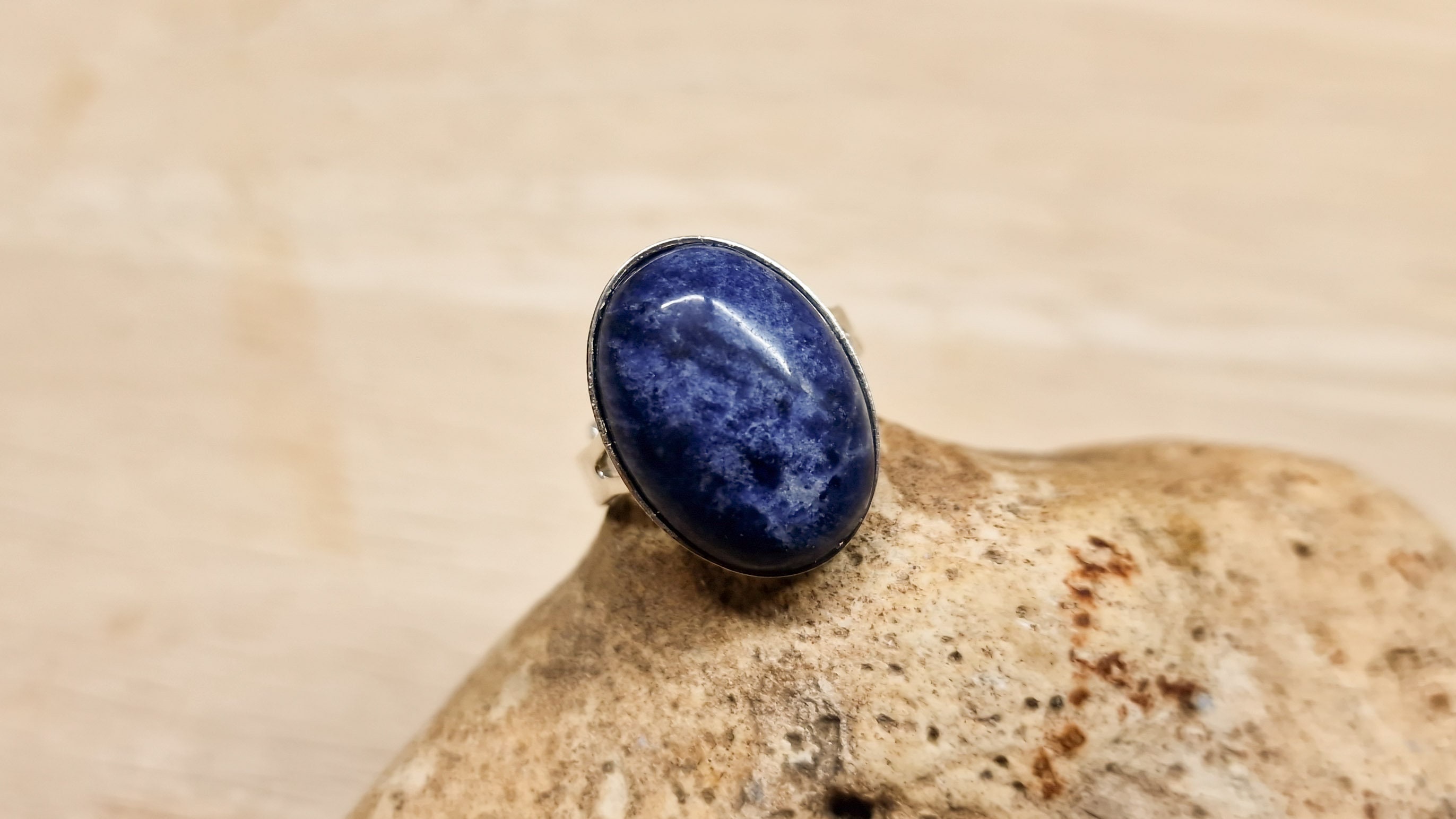 Simple Oval Sodalite Ring. Reiki Jewelry Uk. Adjustable Ring. Blue Semi Precious 18x13mm Stone. 925 Sterling Silver Rings For Women