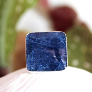 Square Sodalite 950 Silver Ring, Natural Dark Blue Stone, Size 7.5-8