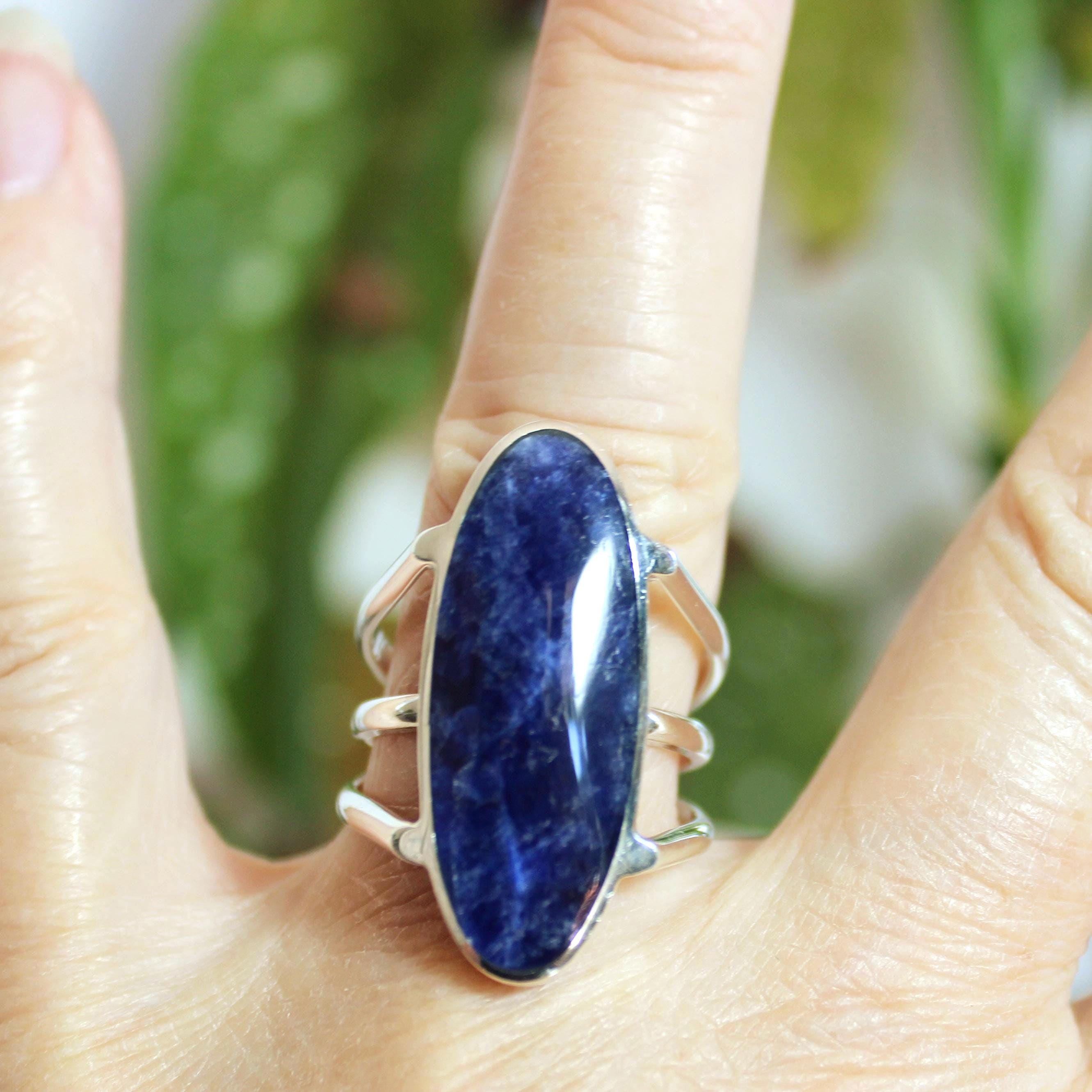 Sterling Silver Oval Sodalite Ring, Elegant Royal Blue Gemstone, Size 8.5-9