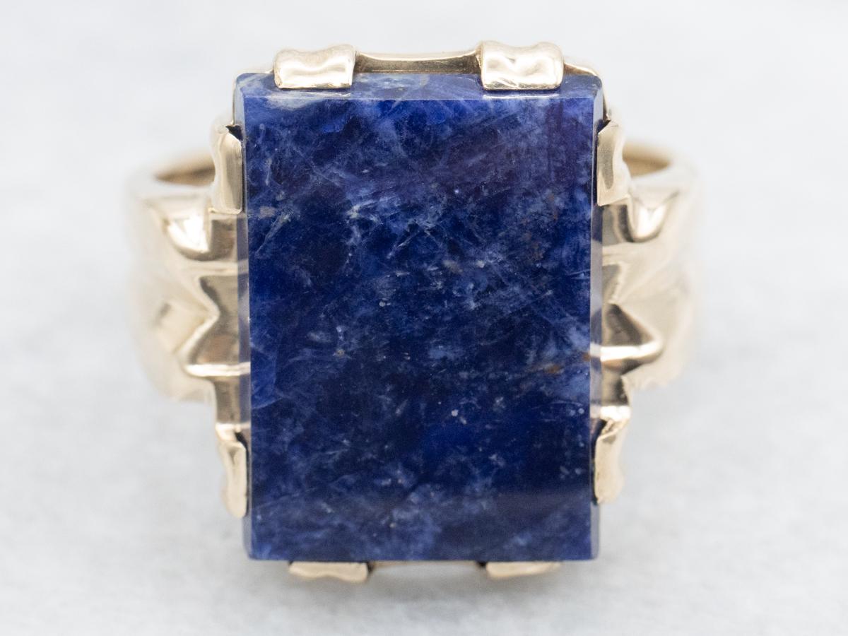 Vintage 10k Gold Sodalite Statement Ring, Men's Mid-century Modern Vintage 10k Gold Sodalite Statement Ring, Men's Mid-century Modern