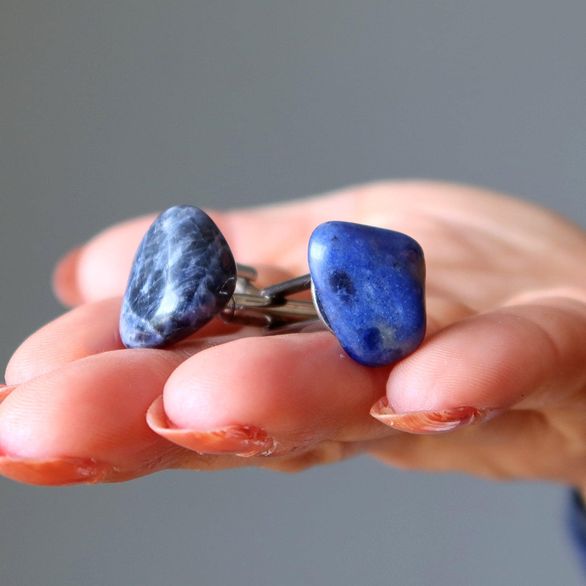 Sodalite Cufflinks Suave And Soothing Blue Tumbled Gemstone Silver Metal