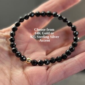 AAA Black Spinel Bracelet: 14K Gold or Sterling Silver Accent, 6mm Beaded Gemstone