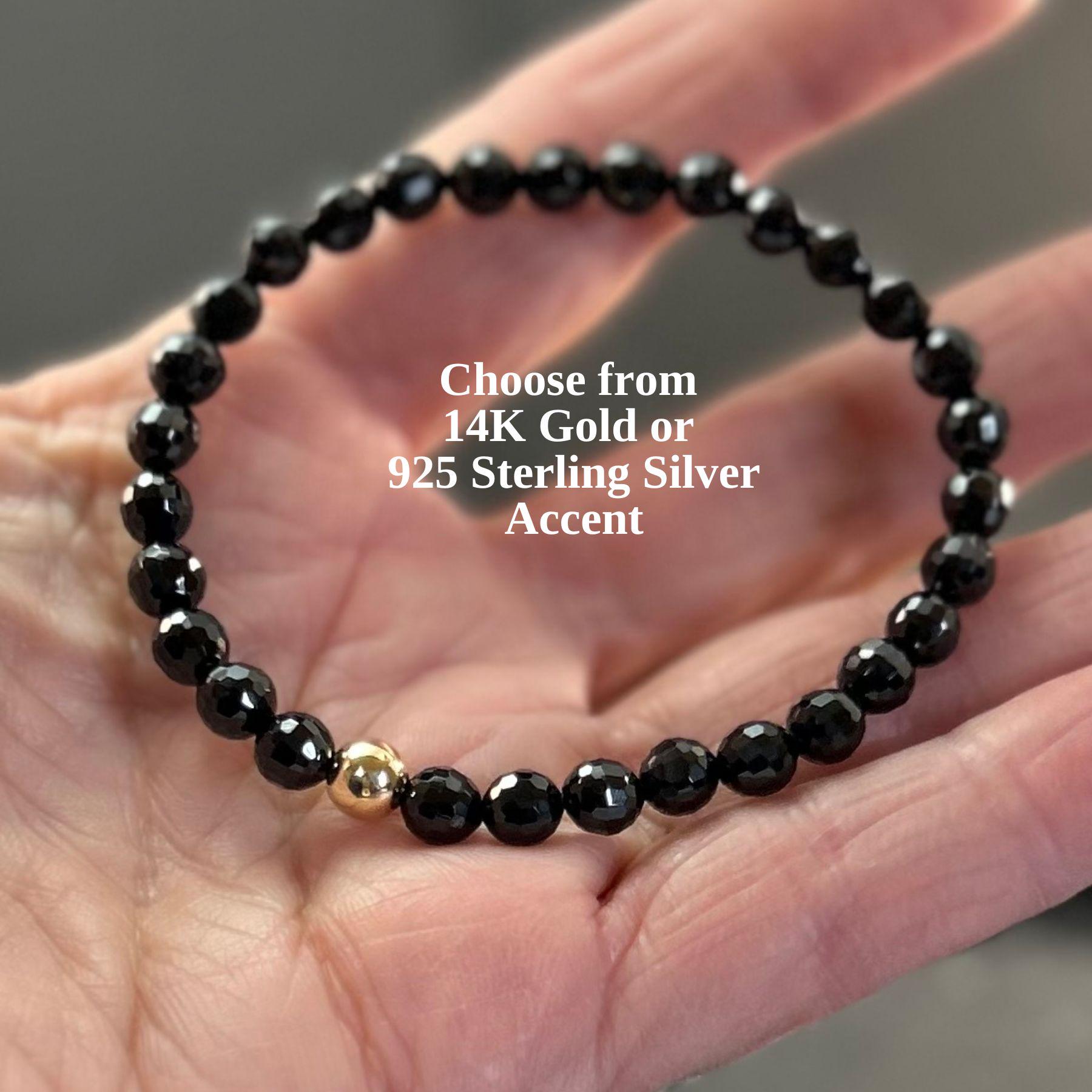 Aaa Black Spinel Bracelet: 14k Gold Or Sterling Silver Accent, 6mm Beaded Gemstone