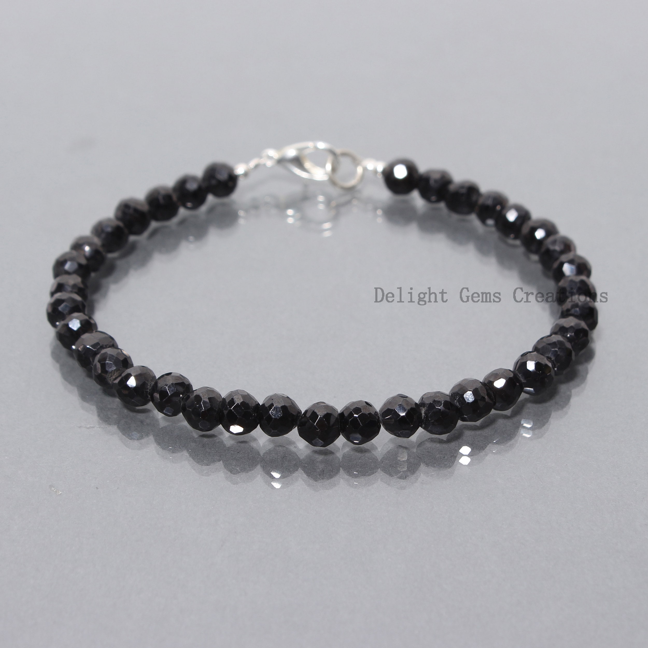 Black Spinel Bracelet, 6mm Faceted Round Beads, Gemstone Jewelry