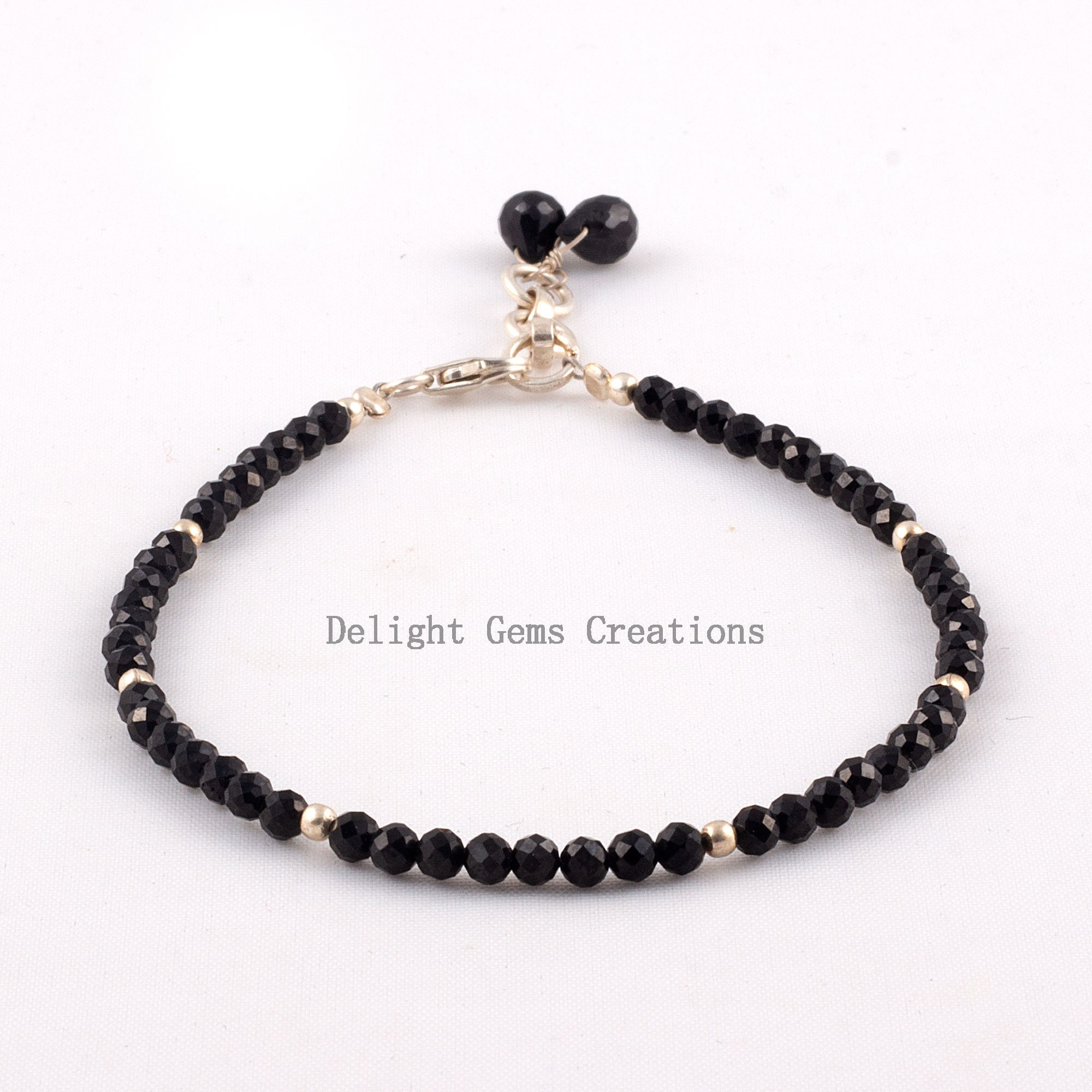 Black Spinel Beaded Bracelet, 3mm Faceted Round Gemstone, Delicate Gift