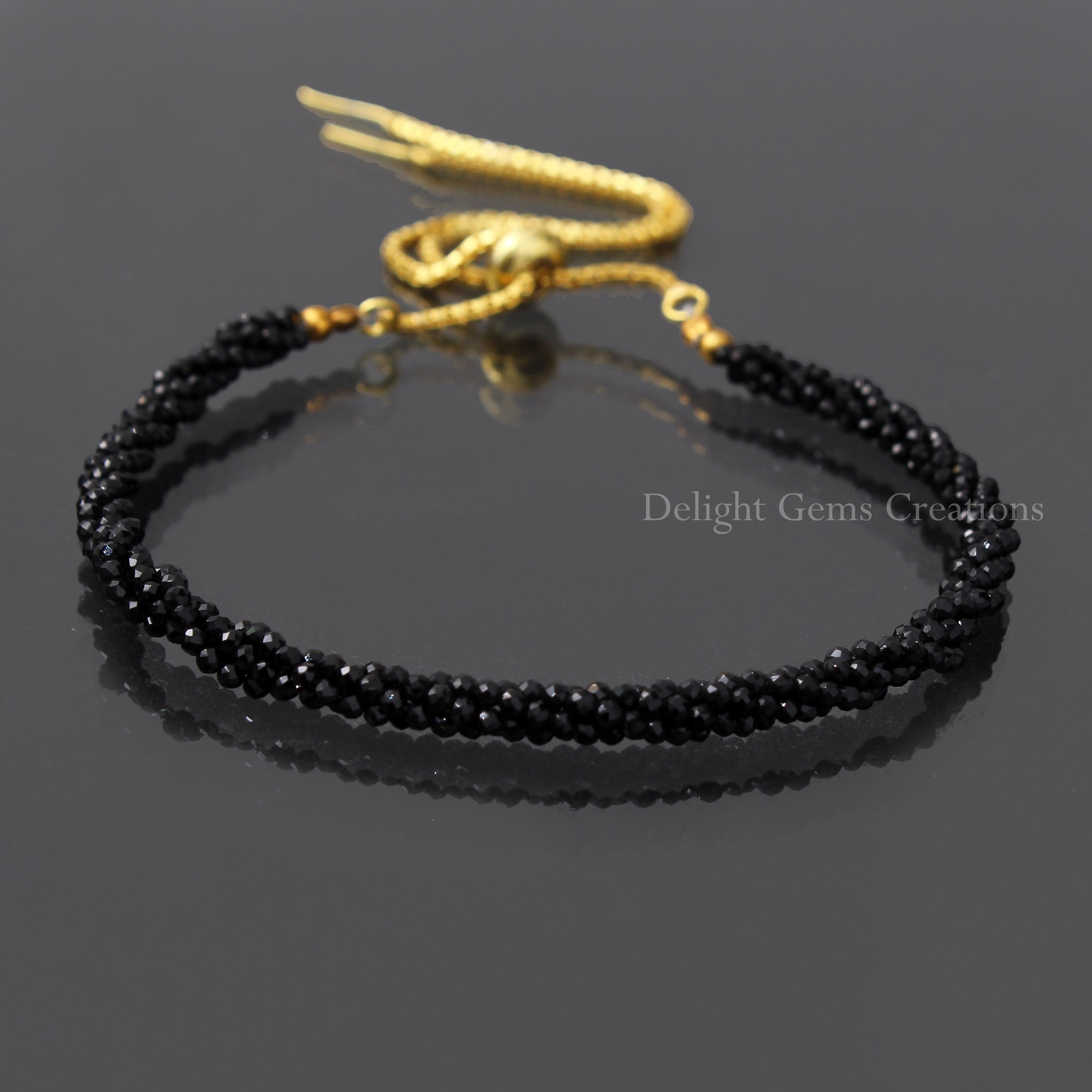 Black Spinel Bolo Chain Silver Adjustable Bracelet, 2mm Micro Faceted Gemstone Beads Bracelet, Gold Plated Bolo Chain 925 Silver Jewelry