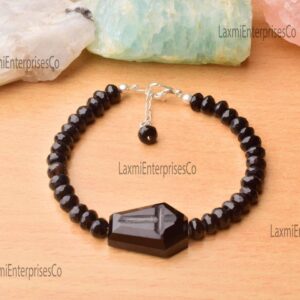 Black Spinel Coffin Bracelet 925 Sterling Silver | Dainty Religious Gemstone Bracelet | Cross Jesus Jewelry Gift for Her